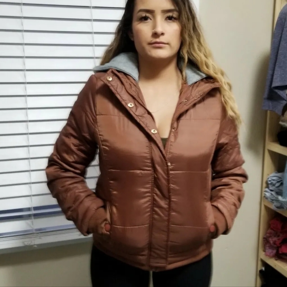 Women's junior brown jacket Size Medium hood gray - Picture 1 of 5
